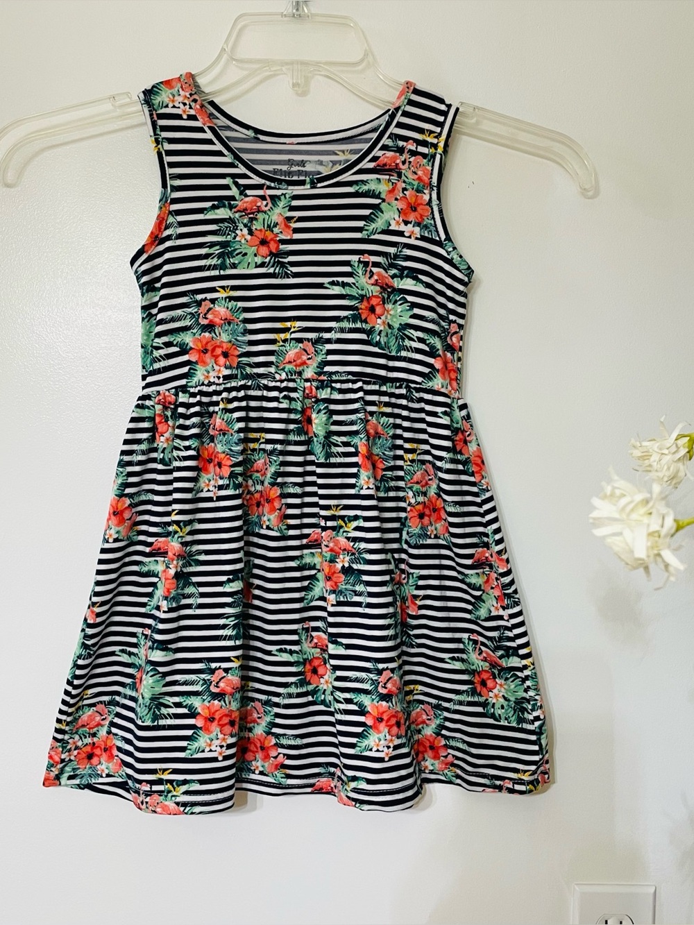 Girls' Sleeveless Black & White Striped Floral Dress